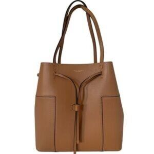 Tory Burch Tan Leather Block-T Drawstring Bucket Bag Tote